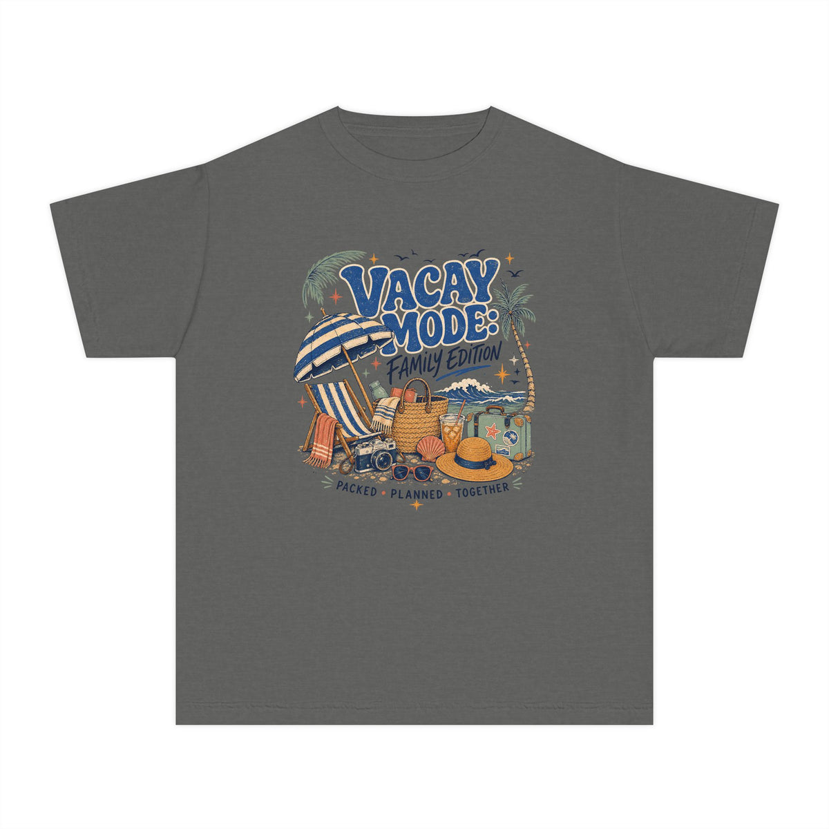 Vacay Mode Family Edition Youth Tee – Kids' Comfort Colors Family Travel Shirt in Pepper – flat lay