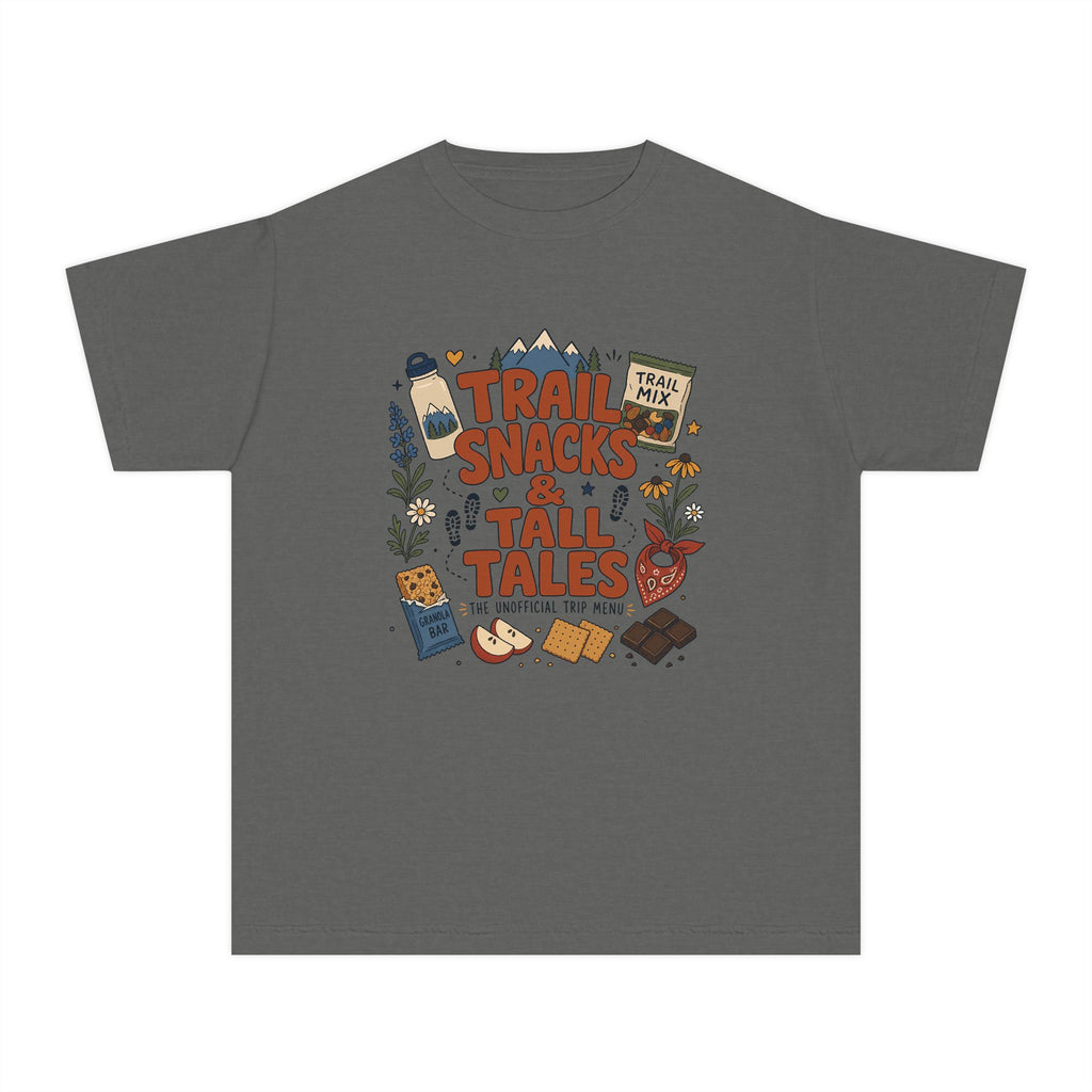 Trail Snacks and Tall Tales Youth Tee – Kids' Comfort Colors Mountain Adventure Shirt in Pepper – flat lay