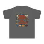 Trail Snacks and Tall Tales Youth Tee – Kids' Comfort Colors Mountain Adventure Shirt in Pepper – flat lay