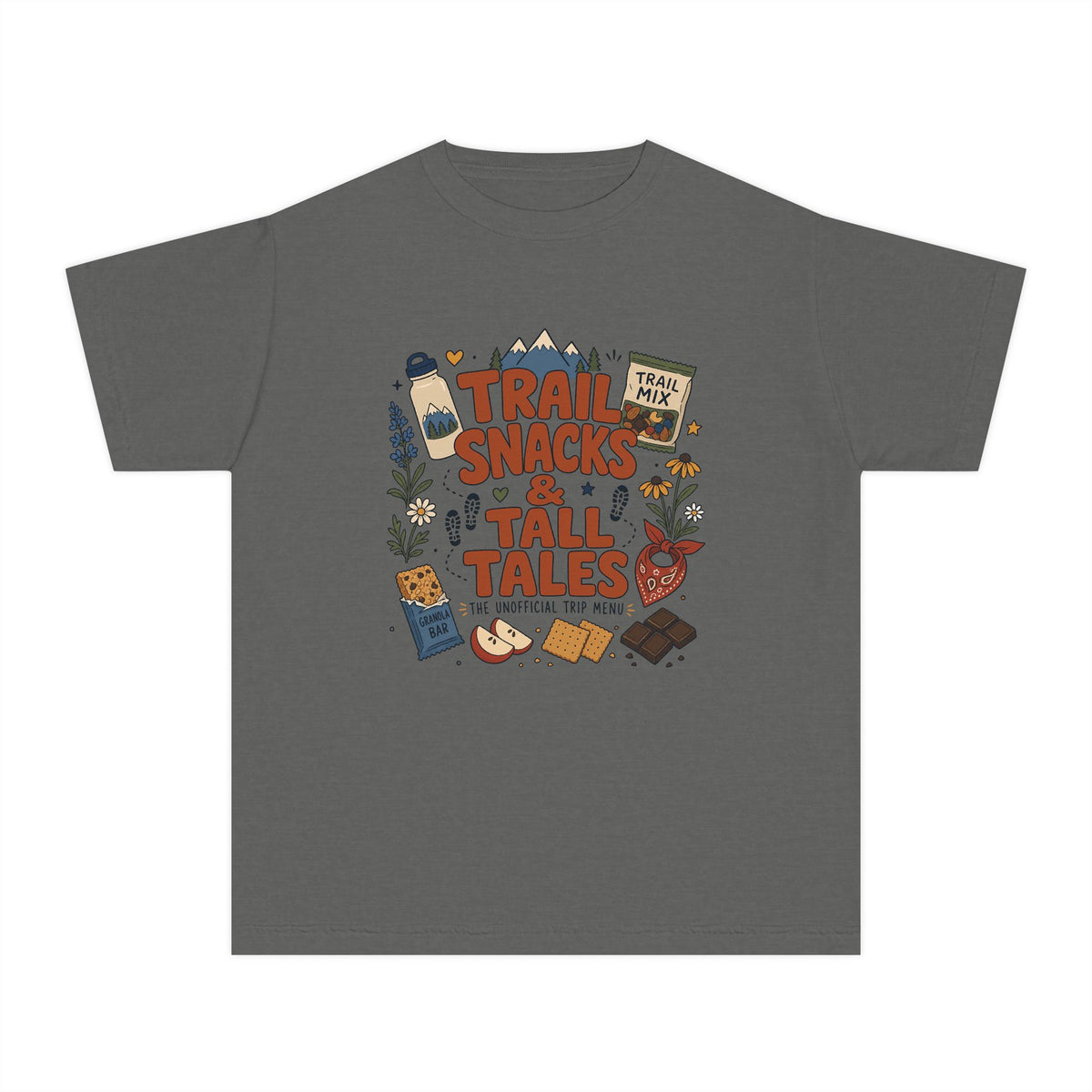 Trail Snacks and Tall Tales Youth Tee – Kids' Comfort Colors Mountain Adventure Shirt in Pepper – flat lay