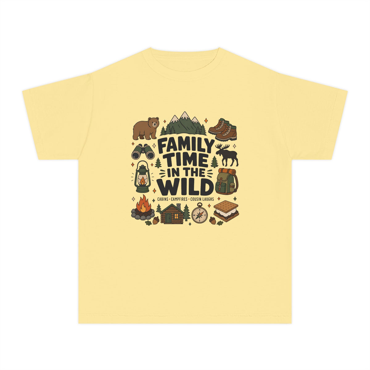 Family Time in the Wild Youth Tee – Kids' Comfort Colors Camping Shirt in Butter – flat lay