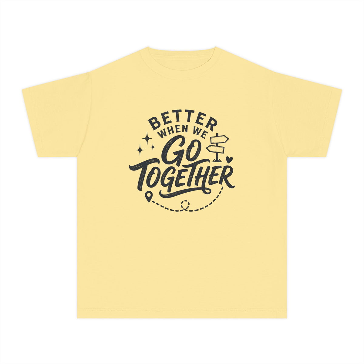 Better When We Go Together Travel Youth Tee – Kids' Comfort Colors Road Trip Shirt in Butter – flat lay