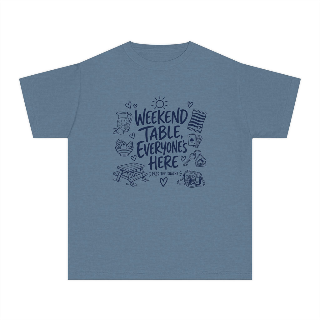 Weekend Table Everyone's Here Youth Tee – Kids' Comfort Colors Family Getaway Shirt in Blue Jean – flat lay
