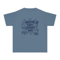 Weekend Table Everyone's Here Youth Tee – Kids' Comfort Colors Family Getaway Shirt in Blue Jean – flat lay
