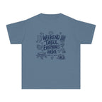Weekend Table Everyone's Here Youth Tee – Kids' Comfort Colors Family Getaway Shirt in Blue Jean – flat lay