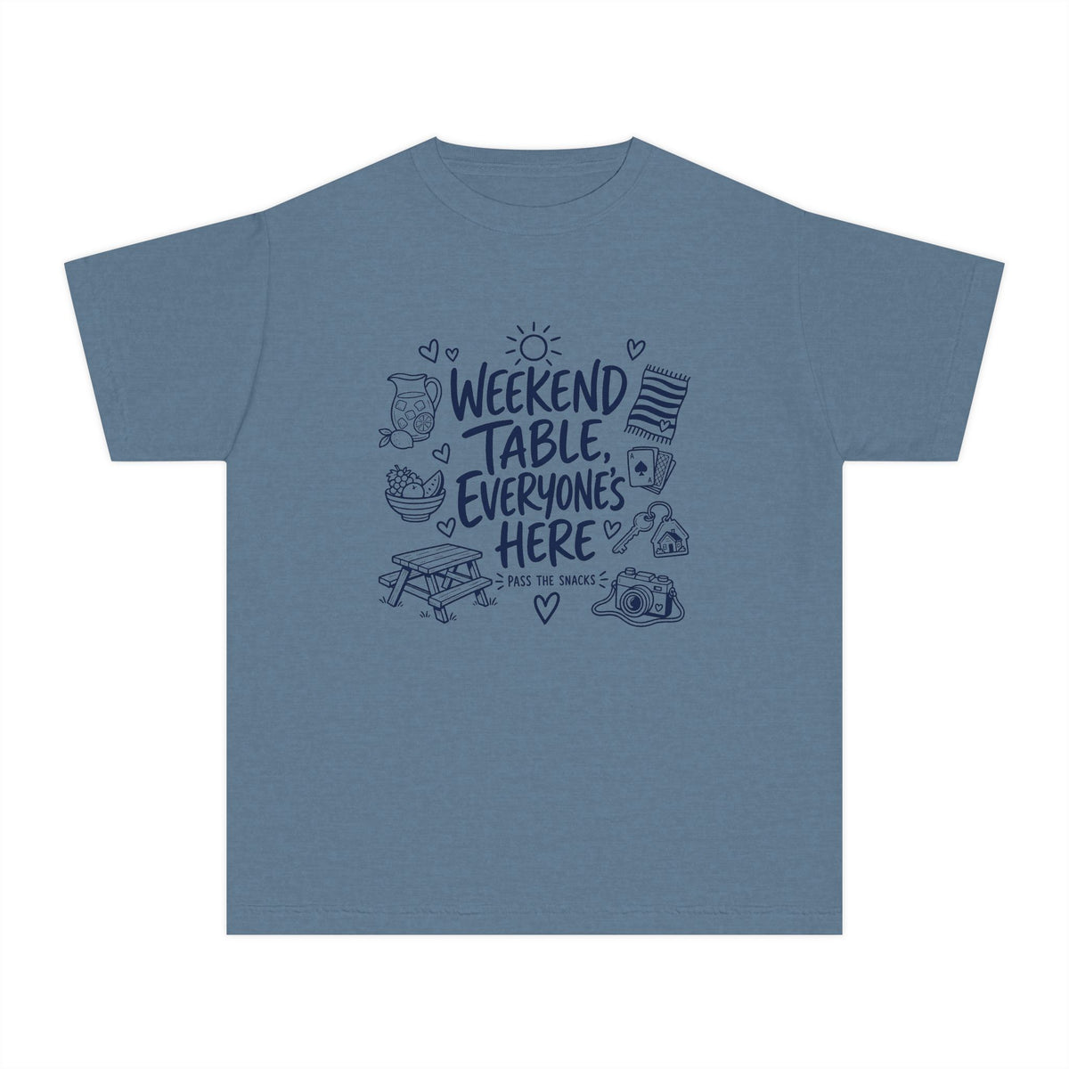 Weekend Table Everyone's Here Youth Tee – Kids' Comfort Colors Family Getaway Shirt in Blue Jean – flat lay