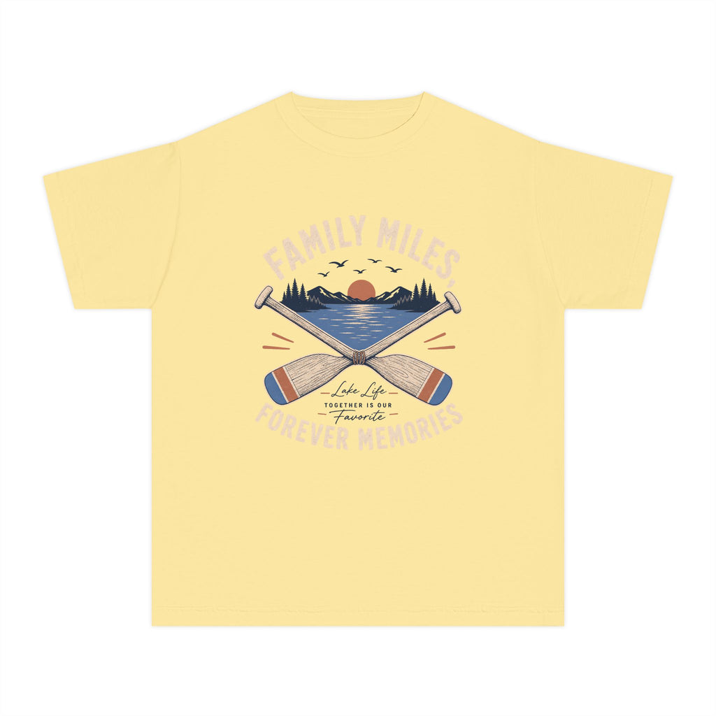 Family Miles Forever Memories Youth Tee – Kids' Comfort Colors Lake Vacation Shirt in Butter – flat lay