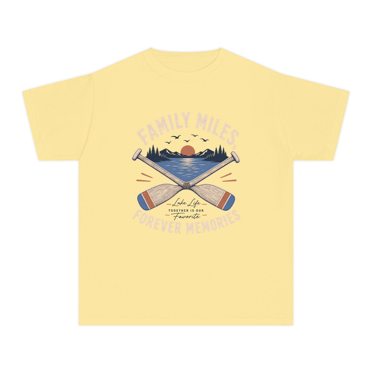 Family Miles Forever Memories Youth Tee – Kids' Comfort Colors Lake Vacation Shirt in Butter – flat lay