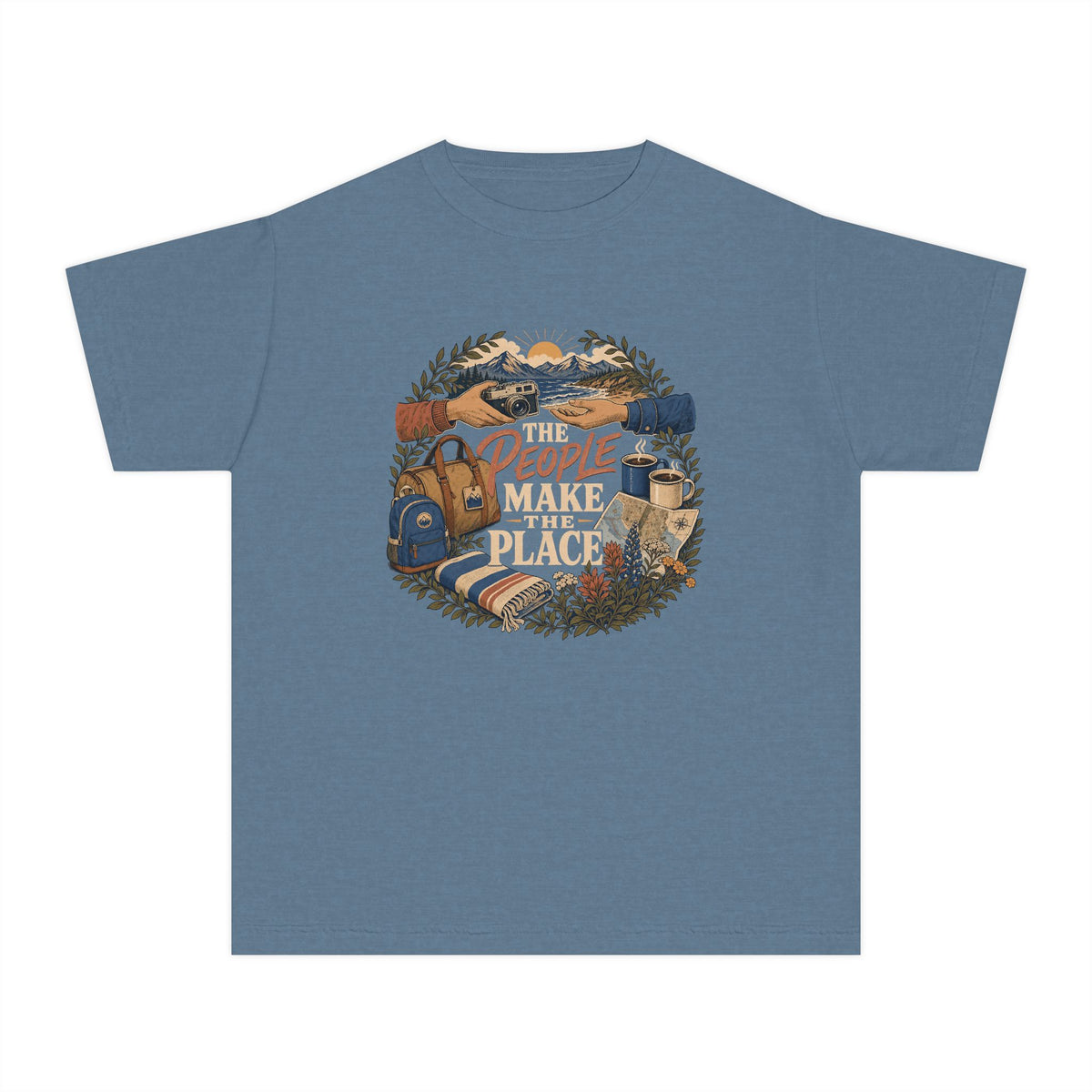The People Make the Place Youth Tee – Kids' Comfort Colors Travel Shirt in Blue Jean – flat lay