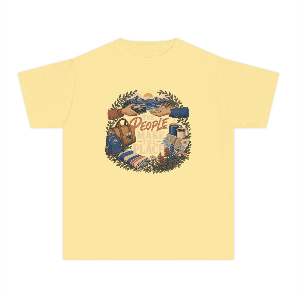 The People Make the Place Youth Tee – Kids' Comfort Colors Travel Shirt in Butter – flat lay
