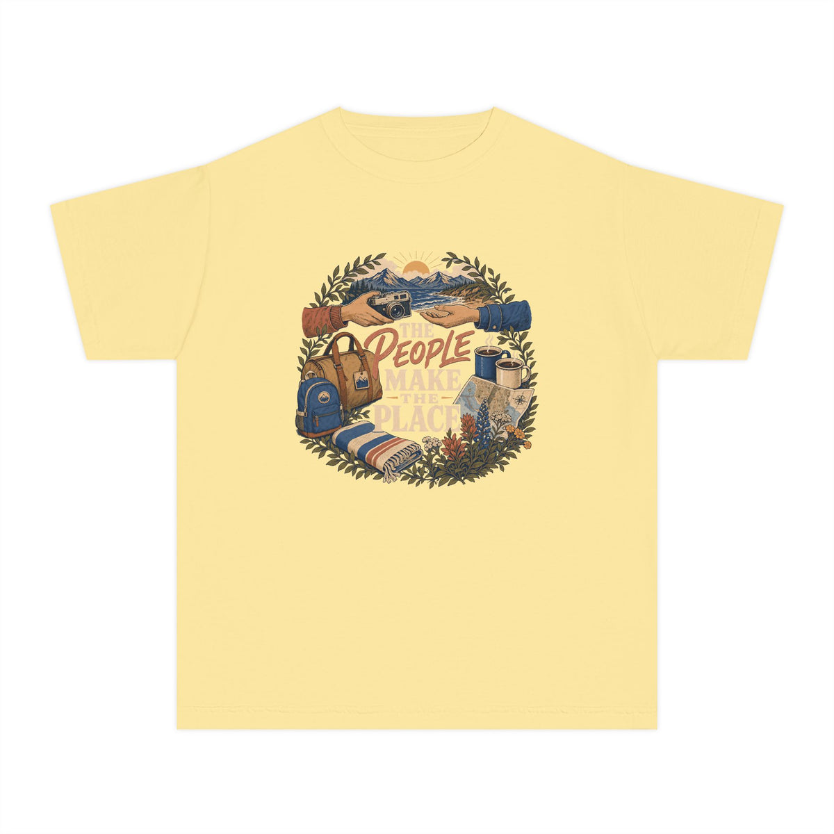 The People Make the Place Youth Tee – Kids' Comfort Colors Travel Shirt in Butter – flat lay