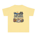 Lake Days Long Dinners Youth Tee – Kids' Comfort Colors Lake Vacation Shirt in Butter – flat lay