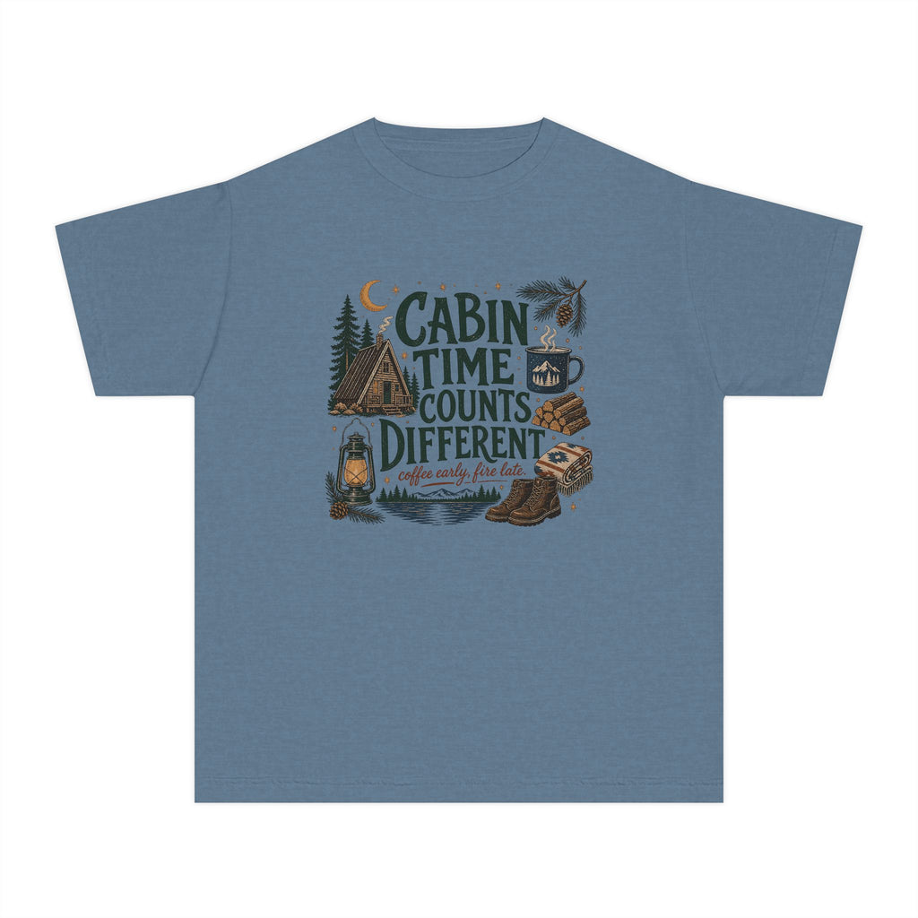 Cabin Time Counts Different Youth Tee – Kids' Comfort Colors Cabin Weekend Shirt in Blue Jean – flat lay