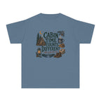 Cabin Time Counts Different Youth Tee – Kids' Comfort Colors Cabin Weekend Shirt in Blue Jean – flat lay