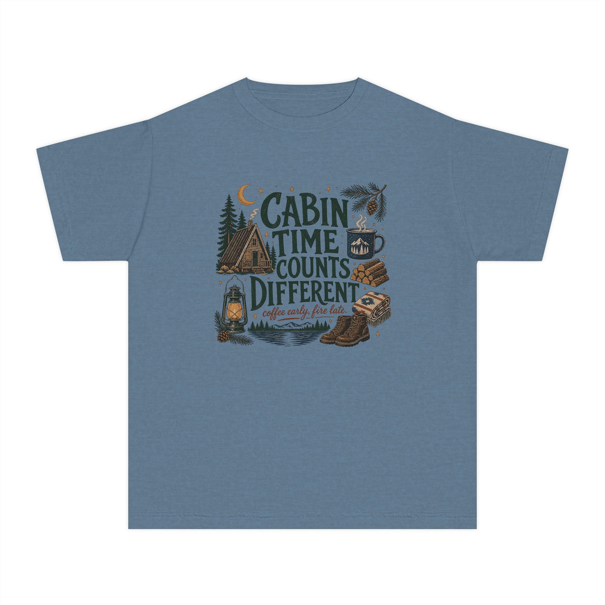 Cabin Time Counts Different Youth Tee – Kids' Comfort Colors Cabin Weekend Shirt in Blue Jean – flat lay