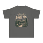 Off the Clock on Family Time Youth Tee – Kids' Comfort Colors Cabin Weekend Shirt in Pepper – flat lay