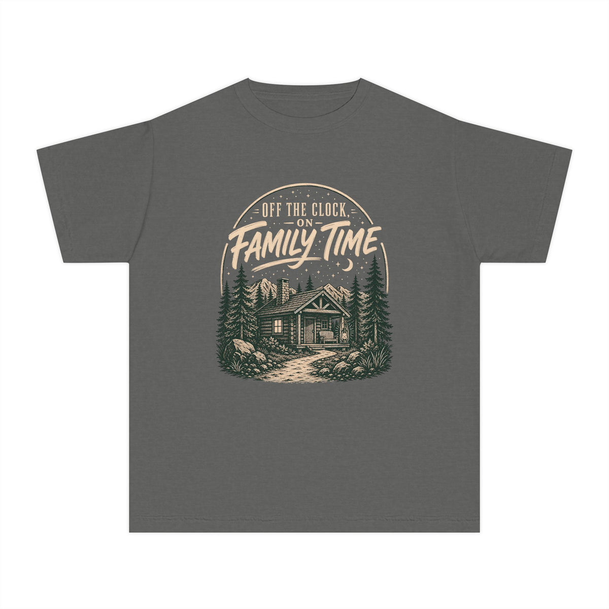 Off the Clock on Family Time Youth Tee – Kids' Comfort Colors Cabin Weekend Shirt in Pepper – flat lay