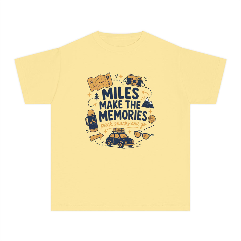 Miles Make the Memories Youth Tee – Kids' Comfort Colors Road Trip Shirt in Butter – flat lay