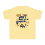 Miles Make the Memories Youth Tee – Kids' Comfort Colors Road Trip Shirt in Butter – flat lay
