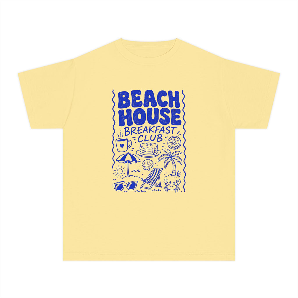 Beach House Breakfast Club Youth Tee – Kids' Comfort Colors Beach Vacation Shirt in Butter – flat lay