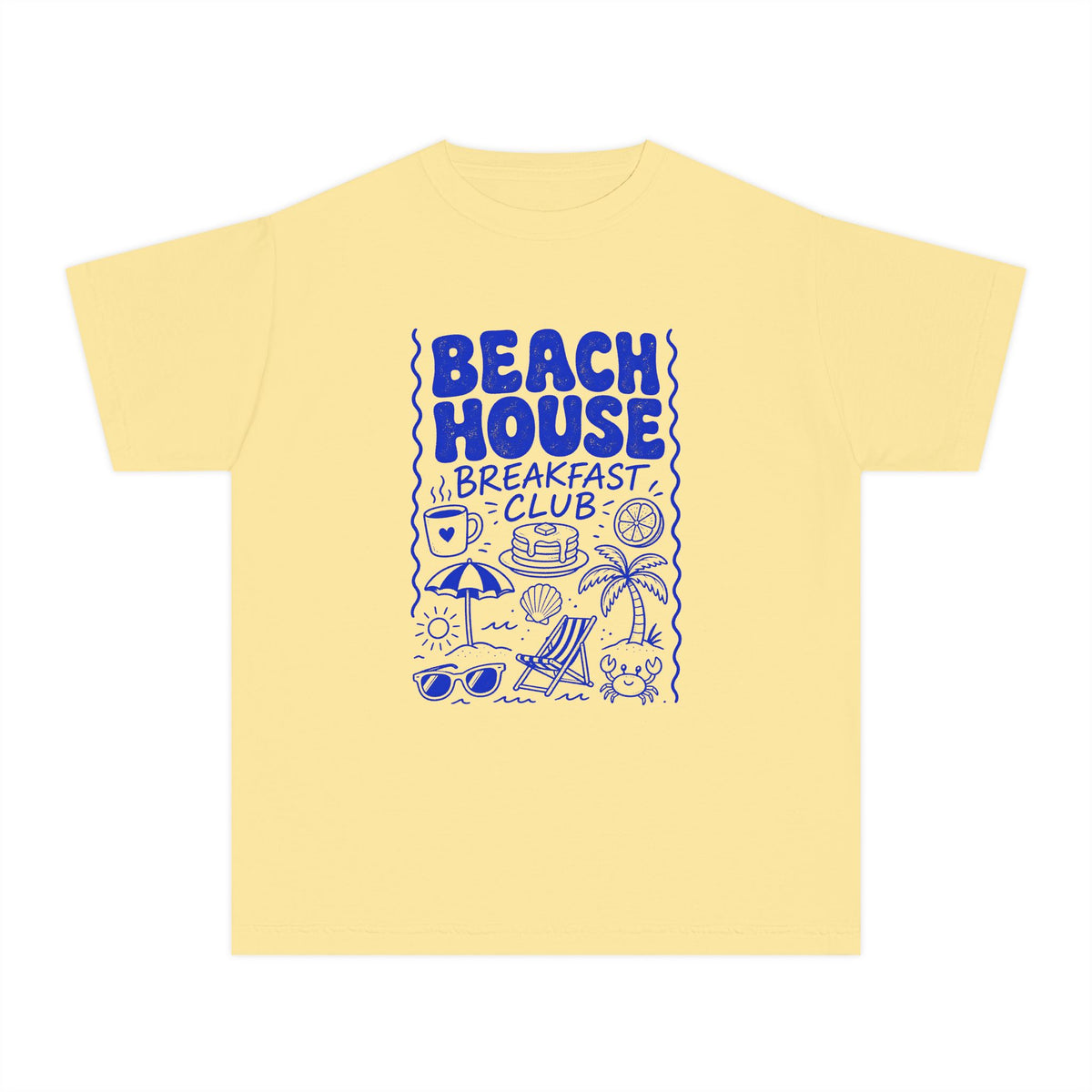 Beach House Breakfast Club Youth Tee – Kids' Comfort Colors Beach Vacation Shirt in Butter – flat lay