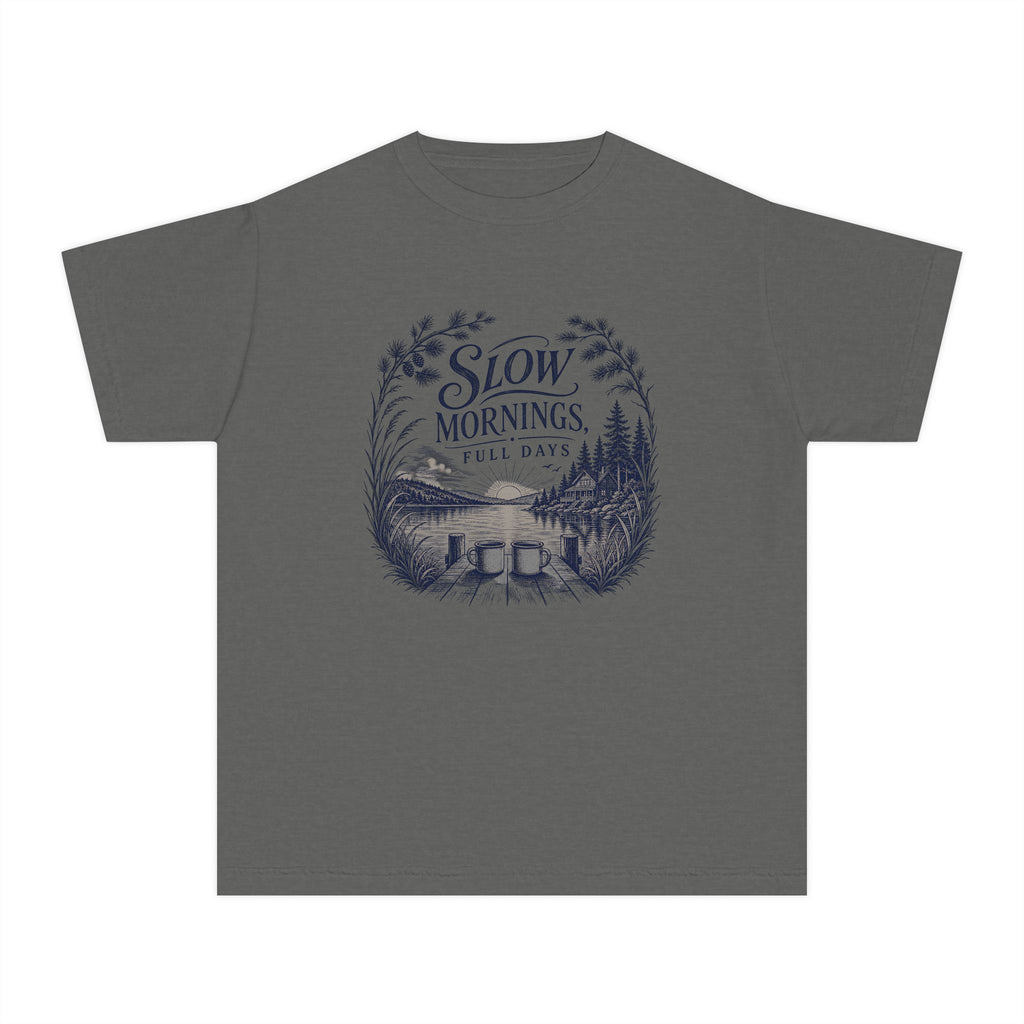Slow Mornings Full Days Youth Tee – Kids' Comfort Colors Lake Vacation Shirt in Pepper – flat lay