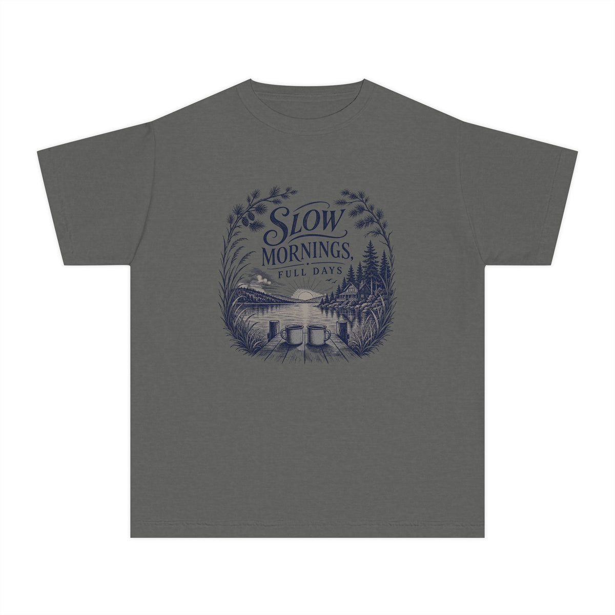 Slow Mornings Full Days Youth Tee – Kids' Comfort Colors Lake Vacation Shirt in Pepper – flat lay