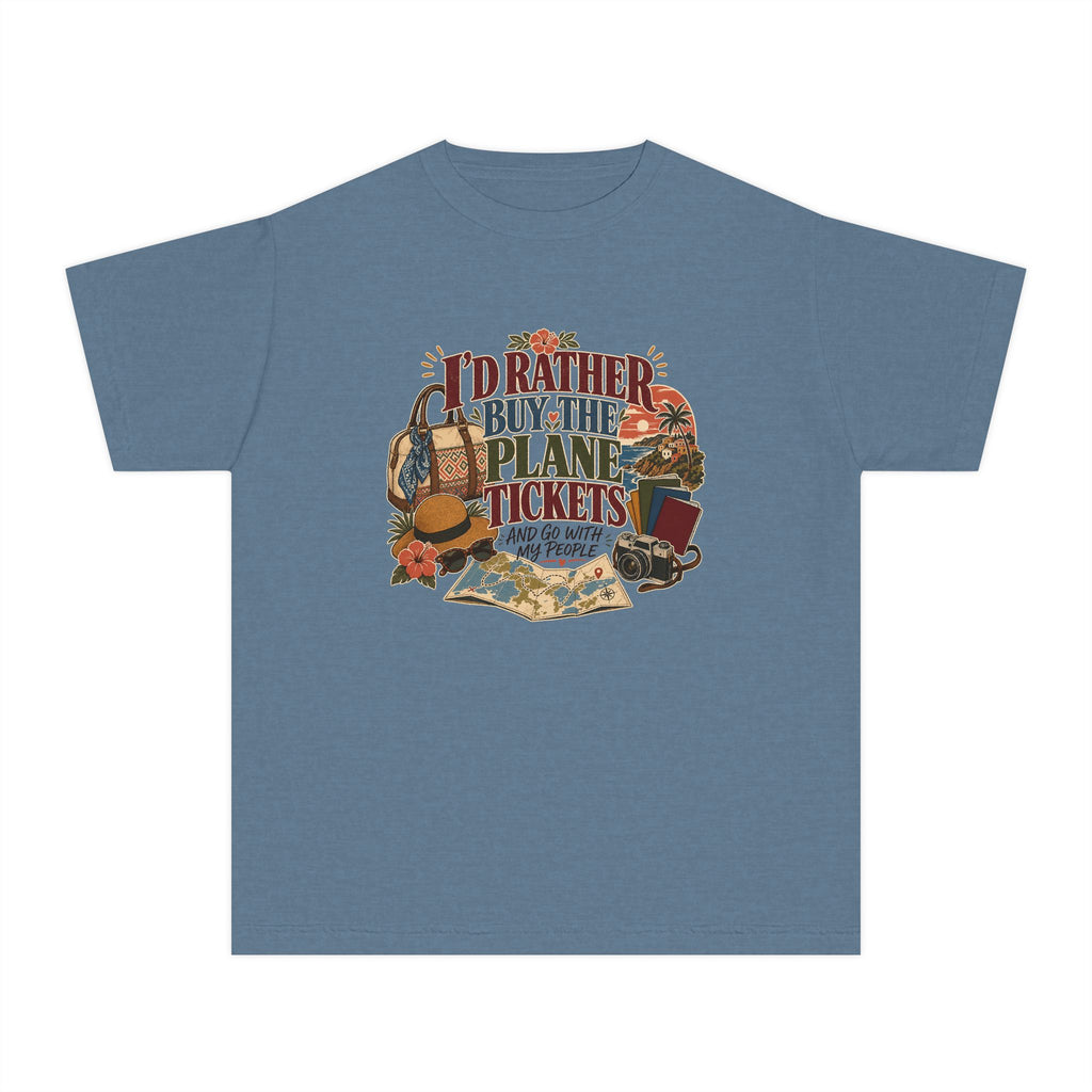 I'd Rather Buy the Plane Tickets Youth Tee – Kids' Comfort Colors Family Travel Shirt in Blue Jean – flat lay