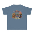 I'd Rather Buy the Plane Tickets Youth Tee – Kids' Comfort Colors Family Travel Shirt in Blue Jean – flat lay