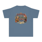 I'd Rather Buy the Plane Tickets Youth Tee – Kids' Comfort Colors Family Travel Shirt in Blue Jean – flat lay
