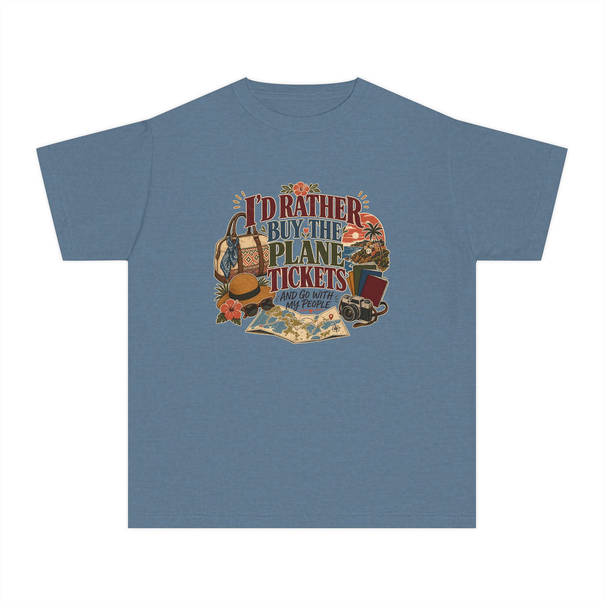 I'd Rather Buy the Plane Tickets Youth Tee – Kids' Comfort Colors Family Travel Shirt in Blue Jean – flat lay