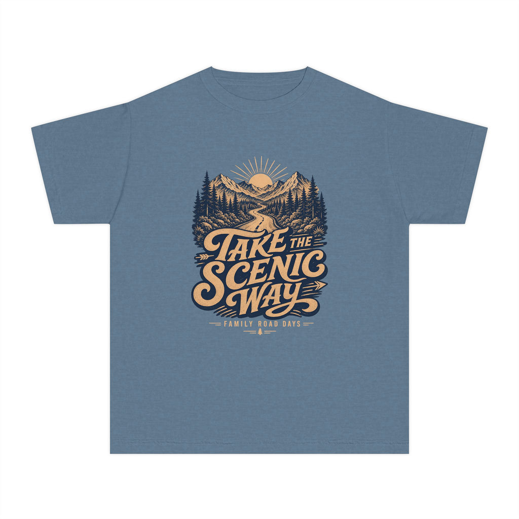 Take the Scenic Way Youth Tee – Kids' Comfort Colors Road Trip Shirt in Blue Jean – flat lay