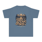 Take the Scenic Way Youth Tee – Kids' Comfort Colors Road Trip Shirt in Blue Jean – flat lay
