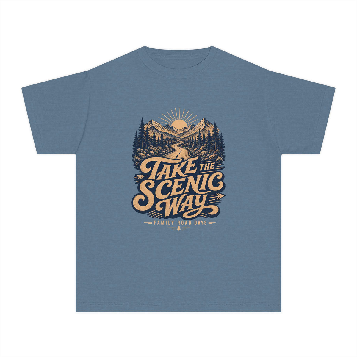 Take the Scenic Way Youth Tee – Kids' Comfort Colors Road Trip Shirt in Blue Jean – flat lay