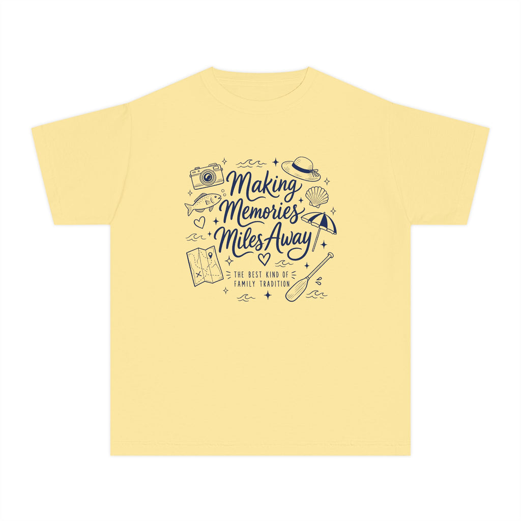 Making Memories Miles Away Youth Tee – Kids' Comfort Colors Road Trip Shirt in Butter – flat lay