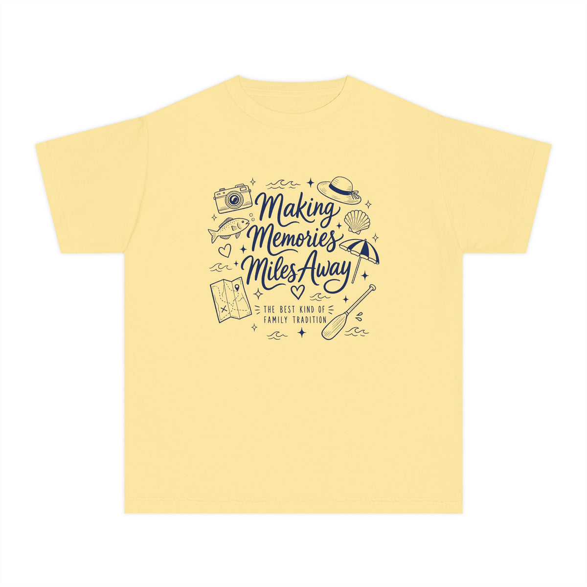 Making Memories Miles Away Youth Tee – Kids' Comfort Colors Road Trip Shirt in Butter – flat lay