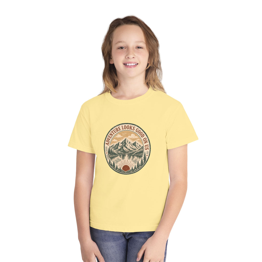 Adventure Looks Good On Us Youth Tee – Kids' Comfort Colors Mountain Travel Shirt – flat lay