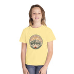 Adventure Looks Good On Us Youth Tee – Kids' Comfort Colors Mountain Travel Shirt – flat lay
