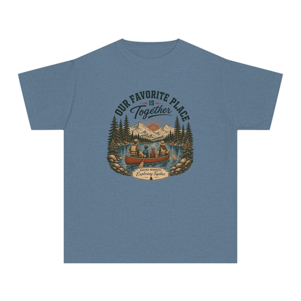 Our Favorite Place Is Together Youth Tee – Kids' Comfort Colors Family Adventure Shirt in Blue Jean – flat lay