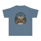 Our Favorite Place Is Together Youth Tee – Kids' Comfort Colors Family Adventure Shirt in Blue Jean – flat lay