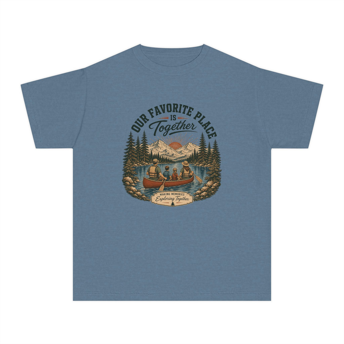 Our Favorite Place Is Together Youth Tee – Kids' Comfort Colors Family Adventure Shirt in Blue Jean – flat lay
