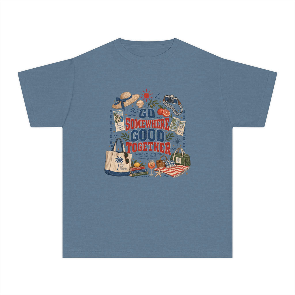 Go Somewhere Good Together Youth Tee – Kids' Comfort Colors Beach Vacation Shirt in Blue Jean – flat lay