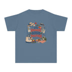 Go Somewhere Good Together Youth Tee – Kids' Comfort Colors Beach Vacation Shirt in Blue Jean – flat lay