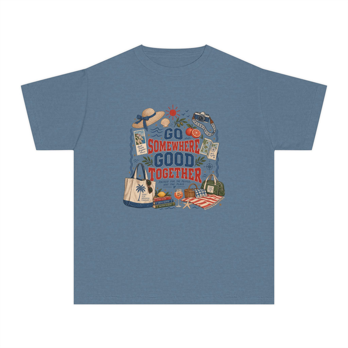 Go Somewhere Good Together Youth Tee – Kids' Comfort Colors Beach Vacation Shirt in Blue Jean – flat lay