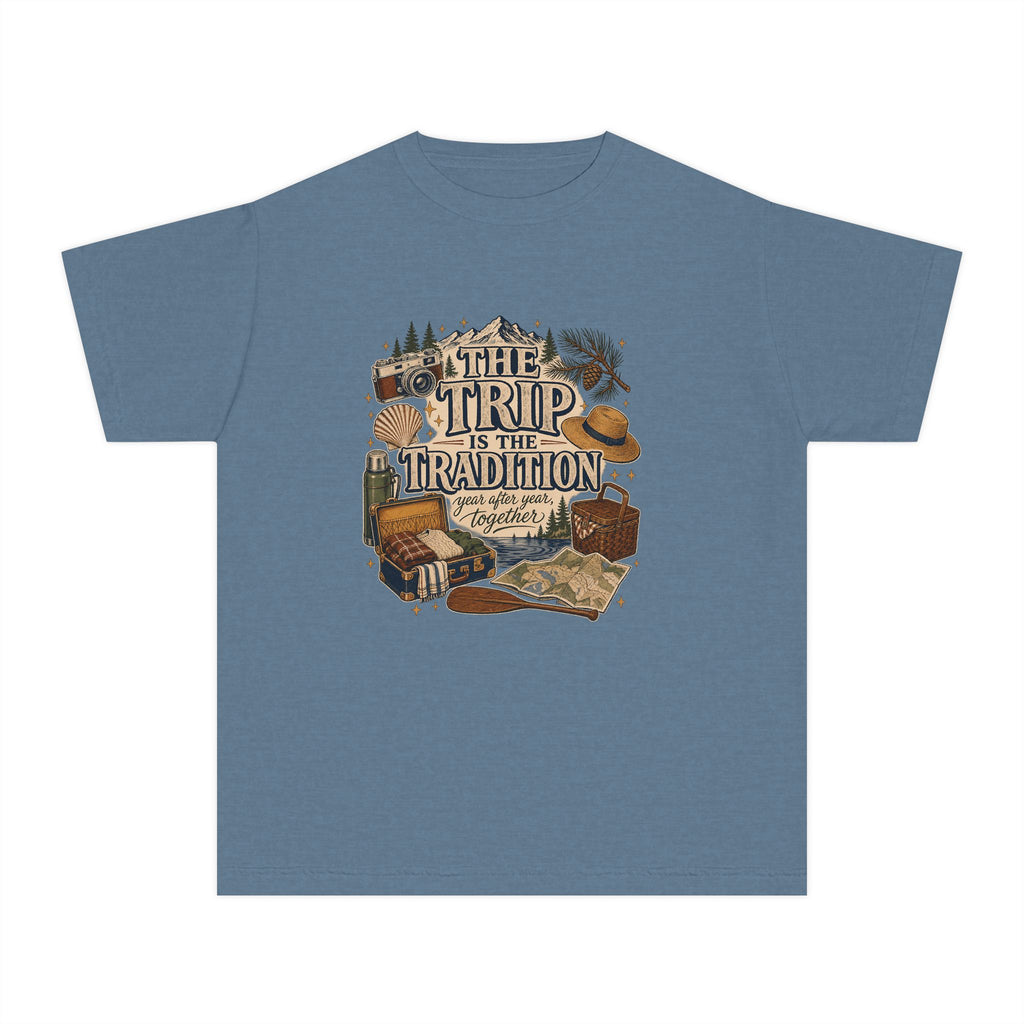 The Trip Is the Tradition Youth Tee – Kids' Comfort Colors Lake Vacation Shirt in Blue Jean – flat lay