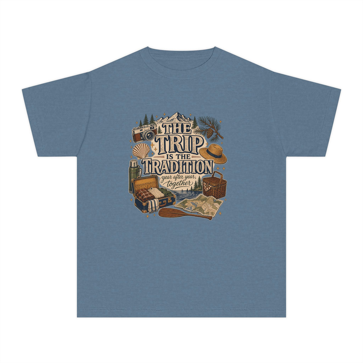 The Trip Is the Tradition Youth Tee – Kids' Comfort Colors Lake Vacation Shirt in Blue Jean – flat lay
