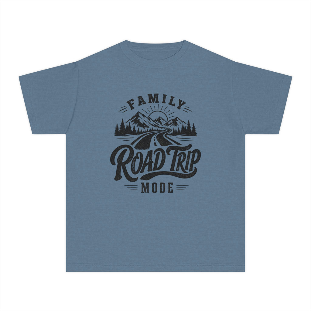 Family Road Trip Mode Youth Tee – Kids' Comfort Colors Road Trip Shirt in Blue Jean – flat lay