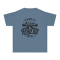 Family Road Trip Mode Youth Tee – Kids' Comfort Colors Road Trip Shirt in Blue Jean – flat lay