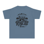 Family Road Trip Mode Youth Tee – Kids' Comfort Colors Road Trip Shirt in Blue Jean – flat lay