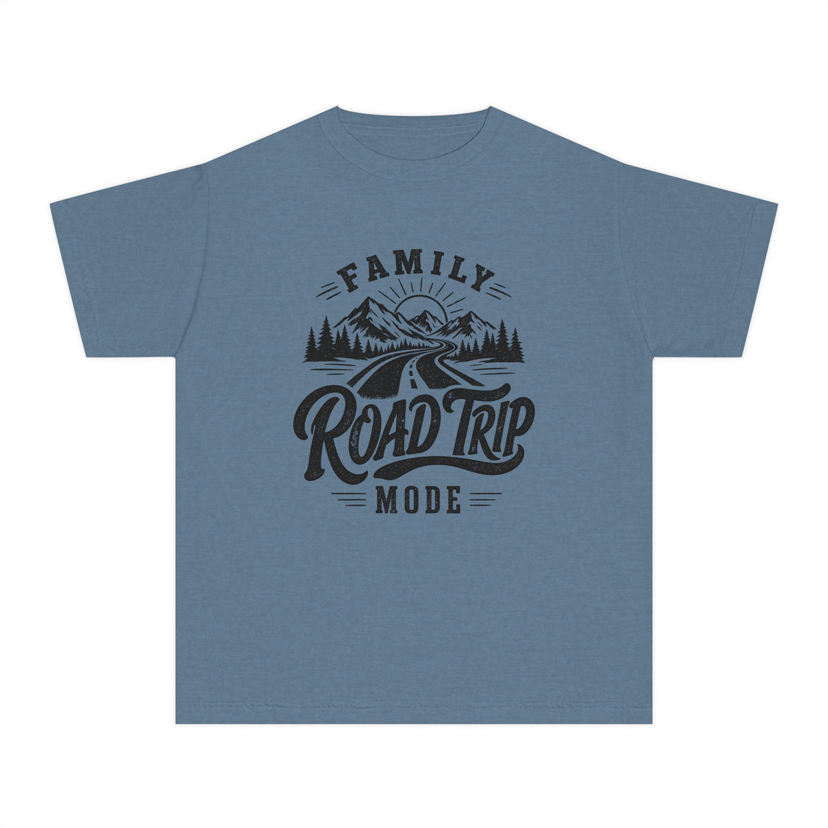 Family Road Trip Mode Youth Tee – Kids' Comfort Colors Road Trip Shirt in Blue Jean – flat lay
